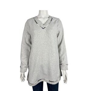 Soft Surroundings Fleece Lined Tunic Sweatshirt Small Gray Embroidered Trim
